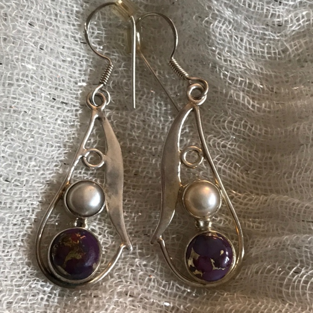 Mother of pearl and purple turquoise drop earrings